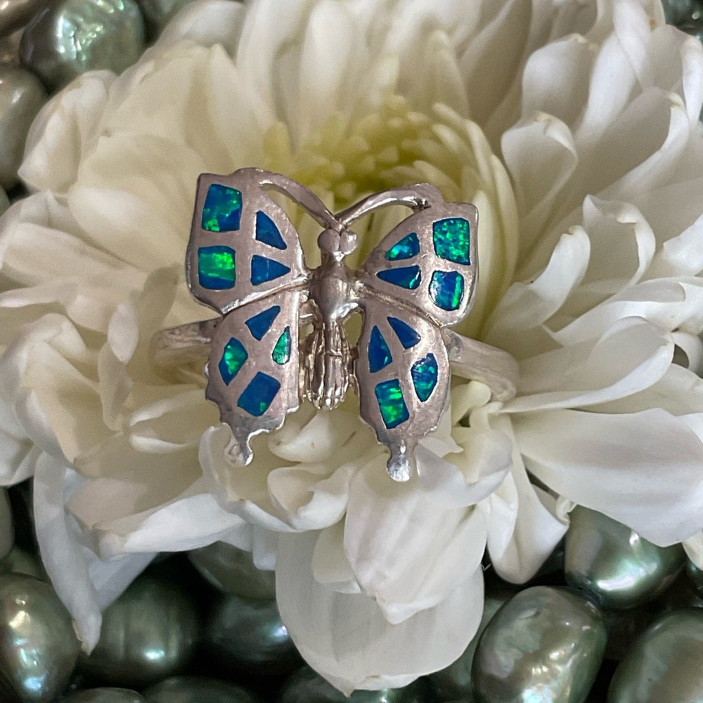 🦋Sterling Silver Butterfly Ring with OPAL INLAY Accents🦋🩵 SIZE 7.34 - Picture 2 of 11